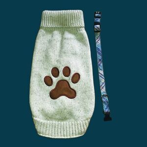 Designer Dog Mock Neck Sweater Cream Knit w/ Brown Paw & Blue & Pink Collar - S